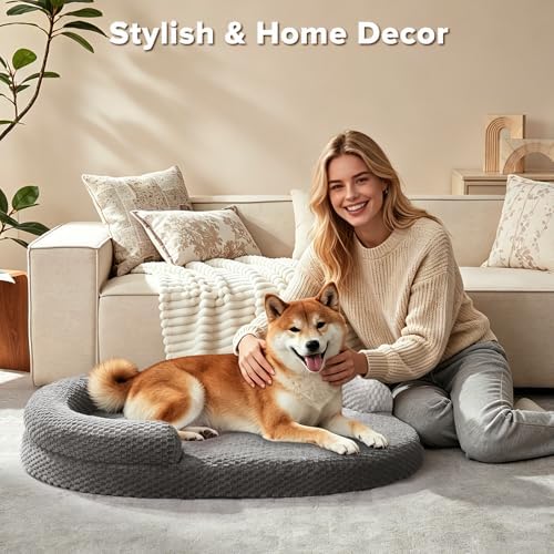 Orthopedic Dog Beds Large Sized Dog, Washable Waterproof Oval Large Dog Bed with Removable Cover, Big Egg-Crate Memory Foam Pet Bed with Bolster Sides & Non-Skid Bottom, Dark Grey, 36''x27''