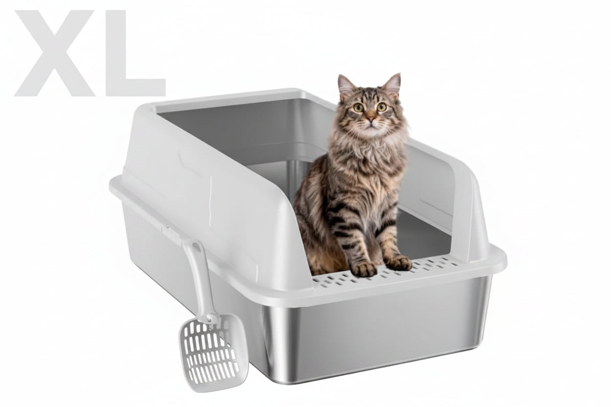 Stainless Steel XL Cat Litter Box with High Sides & Scoop