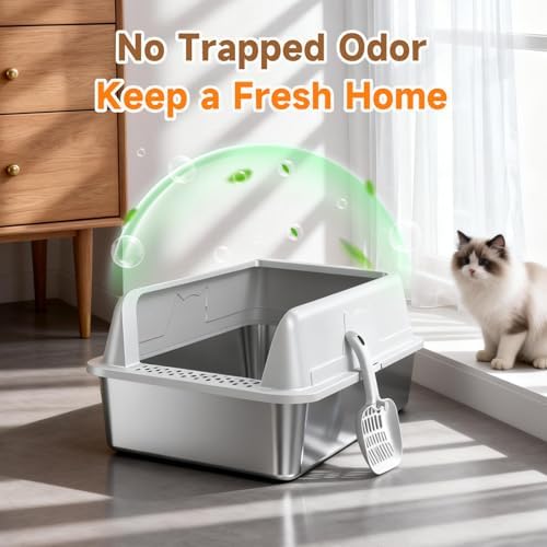 Stainless Steel XL Cat Litter Box for Cats, High-Sided Design Prevents Urine Leakage, Non-Stick, Easy to Clean, Includes Scoop, Gray