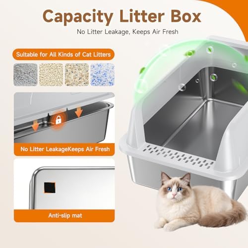 Stainless Steel XL Cat Litter Box for Cats, High-Sided Design Prevents Urine Leakage, Non-Stick, Easy to Clean, Includes Scoop, Gray