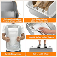 Stainless Steel XL Cat Litter Box with High Sides & Scoop