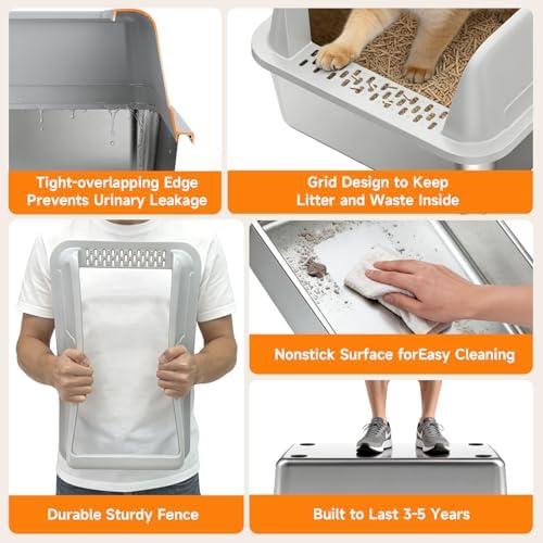 Stainless Steel XL Cat Litter Box for Cats, High-Sided Design Prevents Urine Leakage, Non-Stick, Easy to Clean, Includes Scoop, Gray