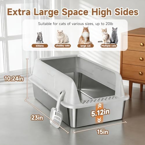 Stainless Steel XL Cat Litter Box for Cats, High-Sided Design Prevents Urine Leakage, Non-Stick, Easy to Clean, Includes Scoop, Gray