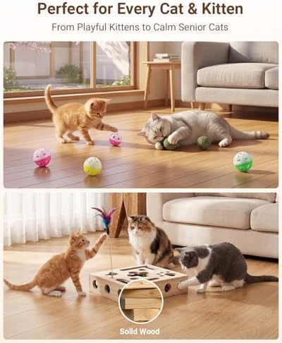 Cat Toys for Indoor Cats - Cat Nail File Box with Interactive Cat Toys, 2026 Upgraded Cat Puzzle Feeder Scratch Puzzle Toy for Indoor Cats, Natural Claw Care with 2 Wand Toys&Catnip Ball&4 Bell Ball