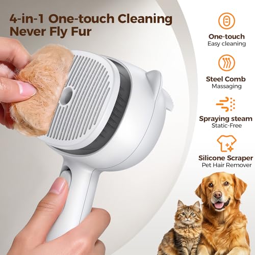 Self Cleaning Shedding Steam Cat Brush, Silicone Scraper Included Dog Brush, primecat, Cat Brushes for Shedding, USB Rechargeable, for Grooming & Haired Pets, Dogs & Cats, White