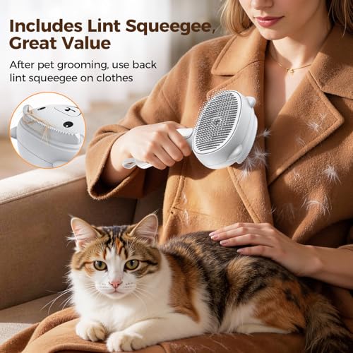 Self Cleaning Shedding Steam Cat Brush, Silicone Scraper Included Dog Brush, primecat, Cat Brushes for Shedding, USB Rechargeable, for Grooming & Haired Pets, Dogs & Cats, White