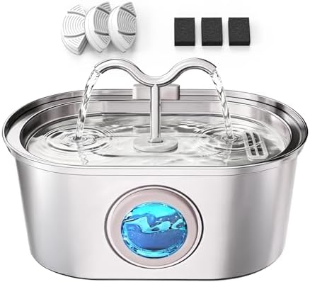 Stainless Steel Cat Water Fountain, 108oz/3.2L Pet Water Fountain for Cats Indoor, with Dual Spouts for Multiple Cats, Ultra-Quiet Automatic Dog Water Dispenser, 3 Replacement Filters Included