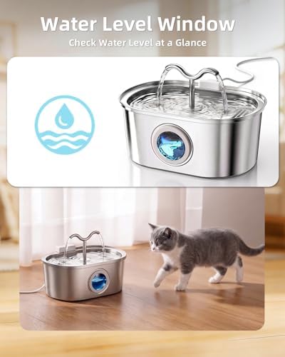 Stainless Steel Cat Water Fountain, 108oz/3.2L Pet Water Fountain for Cats Inside, with Dual Spouts for Multiple Cats, Ultra-Quiet Automatic Dog Water Dispenser, 6 Replacement Filters Included