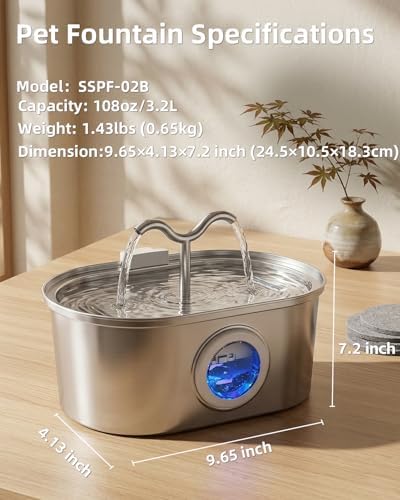 Stainless Steel Cat Water Fountain, 108oz/3.2L Pet Water Fountain for Cats Inside, with Dual Spouts for Multiple Cats, Ultra-Quiet Automatic Dog Water Dispenser, 6 Replacement Filters Included