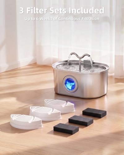 Stainless Steel Cat Water Fountain, 108oz/3.2L Pet Water Fountain for Cats Inside, with Dual Spouts for Multiple Cats, Ultra-Quiet Automatic Dog Water Dispenser, 6 Replacement Filters Included