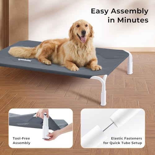 Raised Dog Bed Tool-Free Assembly, Outdoor Elevated Dog Bed for Large Dogs, Cooling Portable Cot Pet Hammock Bed with Non-Slip Feet & Waterproof Teslin Mesh, 43x30 Inch