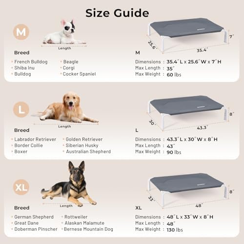 Raised Dog Bed Tool-Free Assembly, Outdoor Elevated Dog Bed for Large Dogs, Cooling Portable Cot Pet Hammock Bed with Non-Slip Feet & Waterproof Teslin Mesh, 43x30 Inch