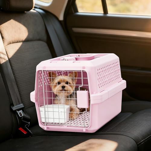 Small Hard Sided Pet Carrier, Ventilated Plastic Travel Crate with Metal Door and Top Handle for Small Dogs and Cats, Pink Small, Ideal for Car Travel Vet Visits and Daily Use