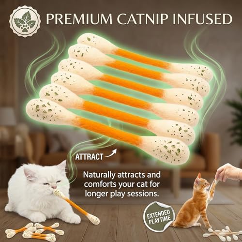 Cotton Swabs Cat Toys with Catnip, 6 Pk Giant Kitten Chew Sticks for Indoor Boredom, Durable Dental Teething Ropes, Big Interactive Felt Kitty Kicker Play Lover Gift Accessories