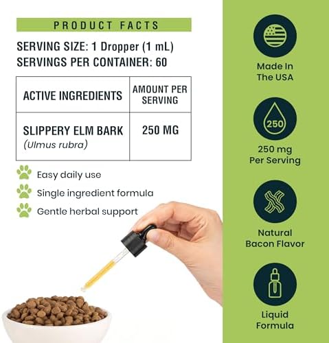 Slippery Elm for Dogs and Cats - Soothing Digestive Relief and Gut Support - Stomach Comfort and Throat Support - Herbal Drops for Pets - Easy to Use - Bacon Flavored - 2 fl oz