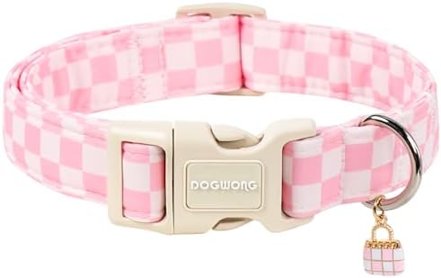 Girl Dog Collar for Medium Dogs, Pink Checked Dog Collars, Pink Checked Dogs Collars for Small Medium Dogs, Neck 14-21 inches