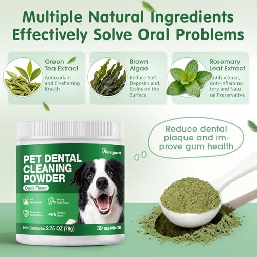 Dog Dental Powder, Dog Teeth Cleaning & Dental Powder for Cats, Natural Herbal Oral Care, Reduces Tartar, Plaque and Bad Breath, No Brush Needed, Pet Food Additive for Dog & Cat Oral Health (2.75oz)
