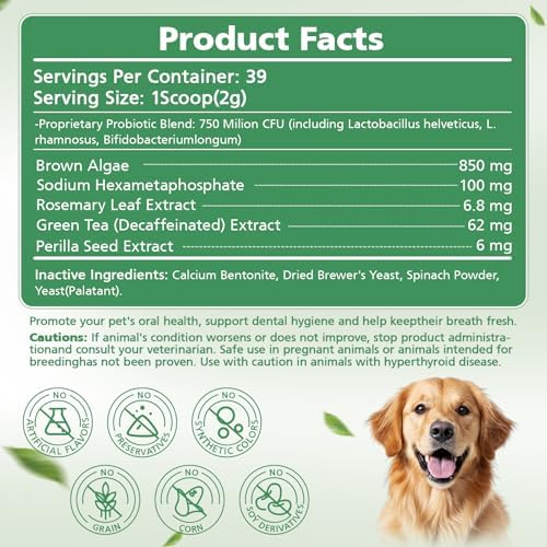 Dog Dental Powder, Dog Teeth Cleaning & Dental Powder for Cats, Natural Herbal Oral Care, Reduces Tartar, Plaque and Bad Breath, No Brush Needed, Pet Food Additive for Dog & Cat Oral Health (2.75oz)