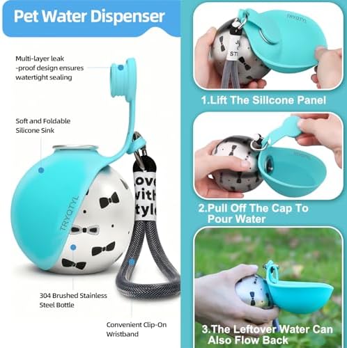 Dog Water Bottle, 10oz Stainless Steel Portable Dog Water Bottle with Foldable Silicone Bowl, 2-in-1 Portable Dog Water Bowl for Water & Food, Water Dispenser for Dogs Walking (Blue)