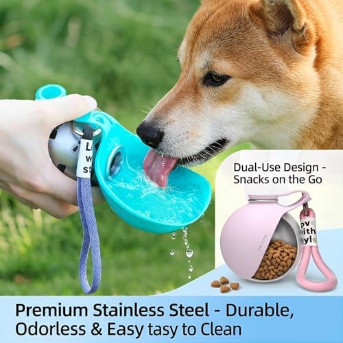 Dog Water Bottle, 10oz Stainless Steel Portable Dog Water Bottle with Foldable Silicone Bowl, 2-in-1 Portable Dog Water Bowl for Water & Food, Water Dispenser for Dogs Walking (Blue)