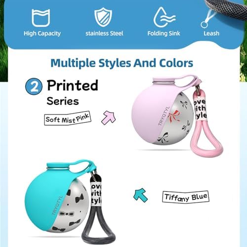 Dog Water Bottle, 10oz Stainless Steel Portable Dog Water Bottle with Foldable Silicone Bowl, 2-in-1 Portable Dog Water Bowl for Water & Food, Water Dispenser for Dogs Walking (Blue)