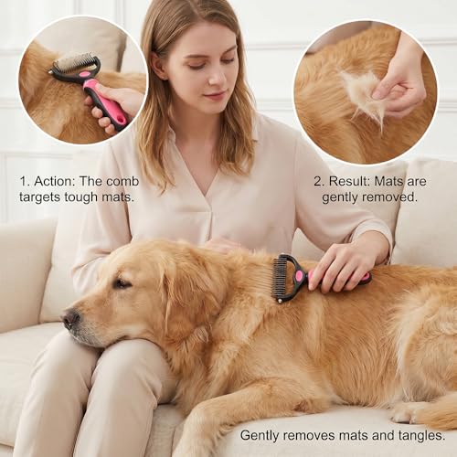 Dematting Comb for Dogs and Cats, Undercoat Rake Pet Brush for Long Hair, Deshedding Dog Brush Removes Tangles Knots and Loose Fur, Grooming Tool for Thick Coats (Blue L)