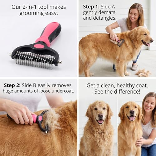 Dematting Comb for Dogs and Cats, Undercoat Rake Pet Brush for Long Hair, Deshedding Dog Brush Removes Tangles Knots and Loose Fur, Grooming Tool for Thick Coats (Blue L)
