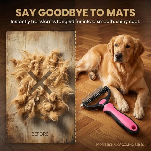Dematting Comb for Dogs and Cats, Undercoat Rake Pet Brush for Long Hair, Deshedding Dog Brush Removes Tangles Knots and Loose Fur, Grooming Tool for Thick Coats (Blue L)