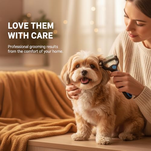 Dematting Comb for Dogs and Cats, Undercoat Rake Pet Brush for Long Hair, Deshedding Dog Brush Removes Tangles Knots and Loose Fur, Grooming Tool for Thick Coats (Blue L)