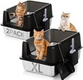 2 Pack Stainless Steel Large High Sides Cat Litter Box with Scoop, Easy Clean Smell Proof XL Metal Litterbox, Black