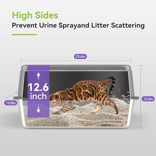2 Pack Stainless Steel Large High Sides Cat Litter Box with Scoop, Easy Clean Smell Proof XL Metal Litterbox, Black