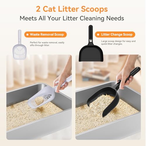 2 Pack Stainless Steel Large High Sides Cat Litter Box with Scoop, Easy Clean Smell Proof XL Metal Litterbox, Black