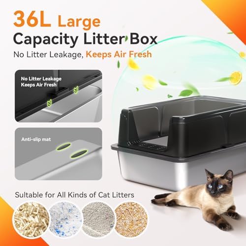 2 Pack Stainless Steel Large High Sides Cat Litter Box with Scoop, Easy Clean Smell Proof XL Metal Litterbox, Black