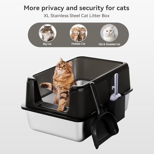 2 Pack Stainless Steel Large High Sides Cat Litter Box with Scoop, Easy Clean Smell Proof XL Metal Litterbox, Black