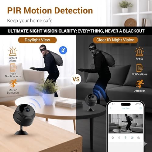 Hidden Camera, Spy Camera - 1080p HD WiFi Wireless Tiny Indoor Security Mini Cam with Night Vision & PIR Motion Detection - Nanny Cam for Baby/Pet/Home/Office Monitoring.Black