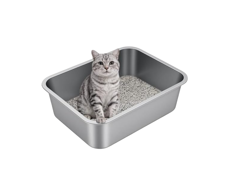 Stainless Steel Litter Box with High Sided, Metal Cat Litter Box, Odor-Free, Non-Stick Litterbox Pan, Easy to Clean Pet Supplies Toilet Tray for Indoor Cats, Kittens or Multicat Homes