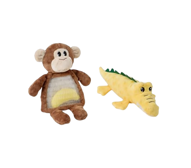 Monkey and Alligator Interactive Dog Squeak Plush Toys, 2 Pack, Ideal for Puppies, Small and Medium Dogs