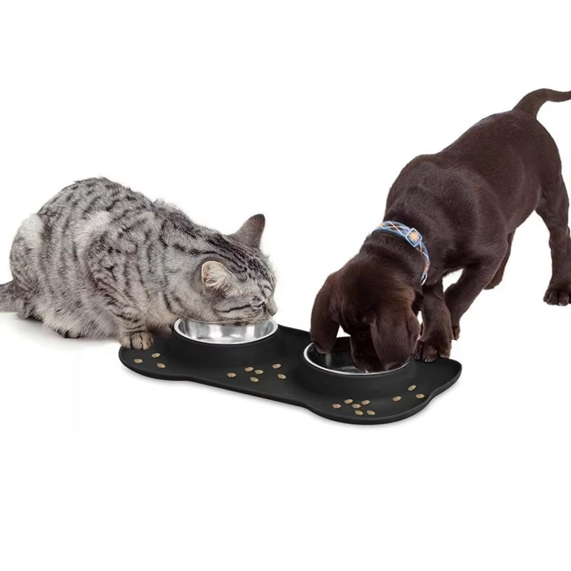 Slow Feeder Dog Bowls Stainless Steel Food and Water Bowl Set 2 in 1 No Spill Waterproof Silicone Pet Food Mat Puppy Feeding Station for Large Medium Small Breed Non Slip Metal Dish Tray