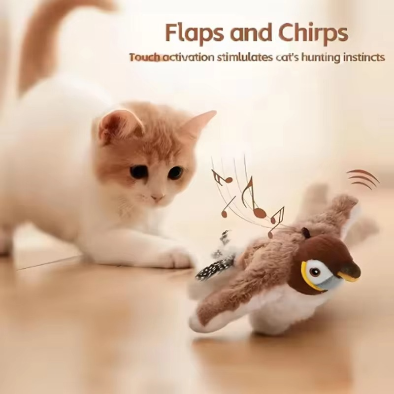Upgraded Interactive Chirping Bird Cat Toys with Flapping Wings,No Flying Birds Cats Toy, Flying Simulation Electric Sparrow Shaking Hunting Pet Toy for Indoor-Larger
