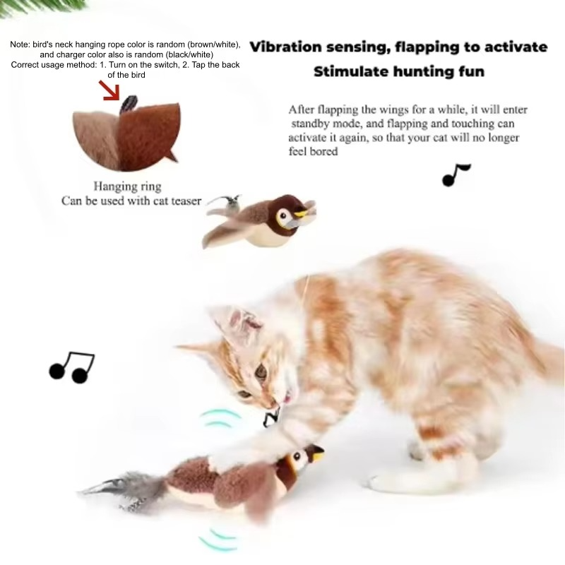 Upgraded Interactive Chirping Bird Cat Toys with Flapping Wings,No Flying Birds Cats Toy, Flying Simulation Electric Sparrow Shaking Hunting Pet Toy for Indoor-Larger