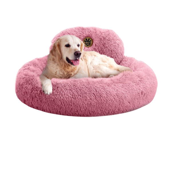 PetJett Calming Large Dog Bed -' Donut Dog Beds, Anti-Slip & Washable Large Round Bed, Fluffy Faux Fur Pet Bed, Super Soft Anti-Anxiety Premium Comfort Bed, Fits Dog - Pink