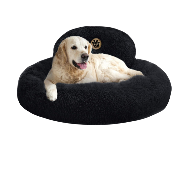 Calming Donut Dog Bed – Fluffy Faux Fur, Anti-Slip (Black)