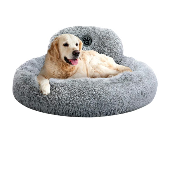 PetJett Calming Dog Beds Large Sized Dog - Round Bed, Anti-Slip & Washable Super Soft Donut Bed, Fluffy Faux Fur Anti-Anxiety Premium Comfort Pet Bed, Fits Dogs - Bright Grey