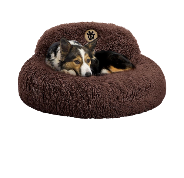 Calming Donut Dog Bed – Fluffy Faux Fur, Anti-Slip (Brown)