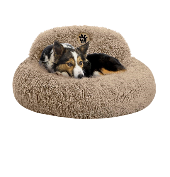 Calming Donut Dog Bed – Fluffy Faux Fur, Anti-Slip (Beige)