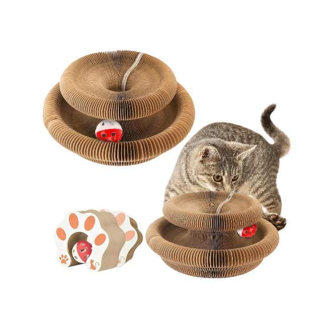 2-Pack Kitty Kurls Cat Scratcher – Foldable Magic Organ Cat Scratcher Board, Reversible Corrugated Cardboard Kitty Scratching Toy with 2 Bell Balls for Indoor Exercise
