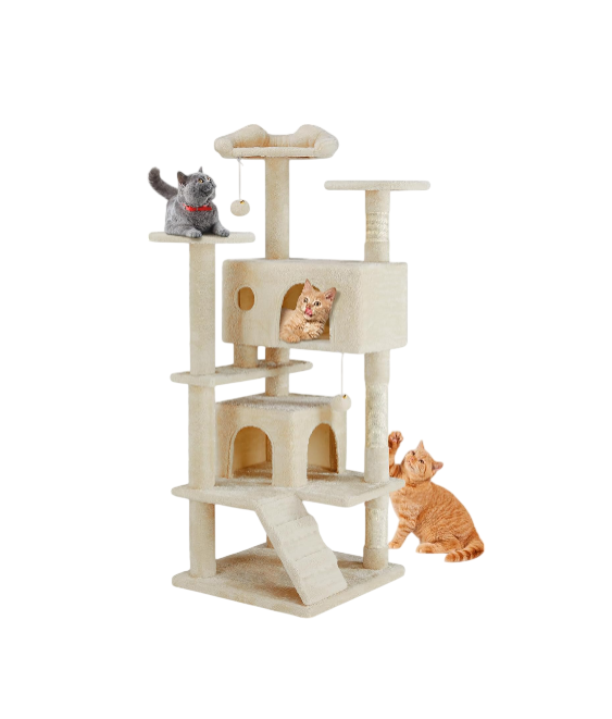 54 Inch Cat Tree Tower, Multi-Level with Cat Scratching Post, Indoor Cat Condo with Climbing Ladder, Plush Toy, Play House for Cat, Dove Beige