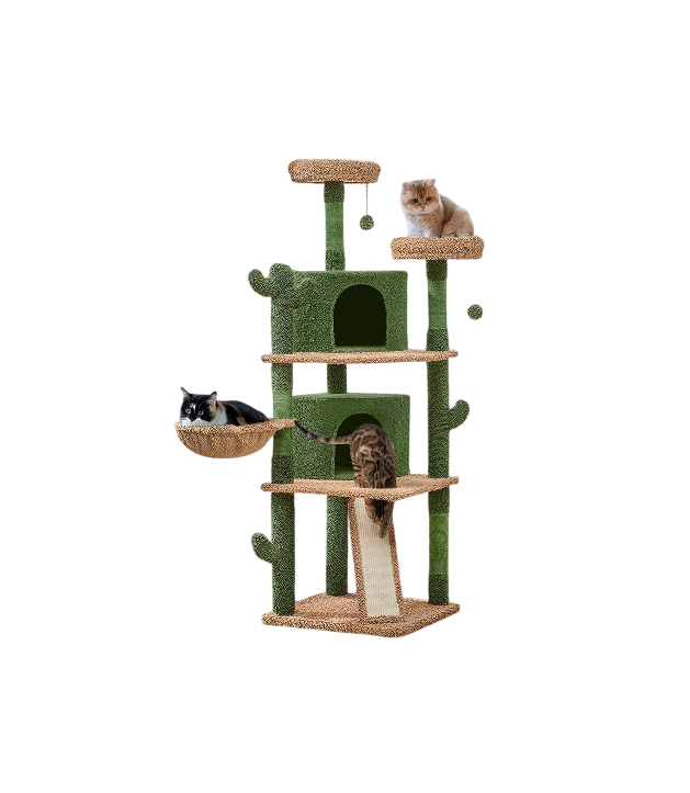 Cactus Cat Tree, 66?H Cat Tower for Indoor Cats, Multi-Level Cat Tree with Large Condos & Ramp, Pet Play House with Padded Perch, Platforms, Basket & Hanging Ball, Green/Brown