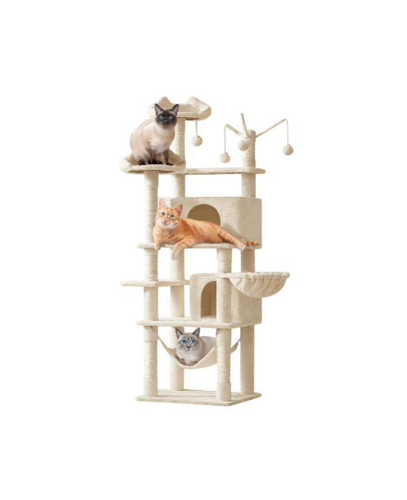 Cat Tree, 67in Large Tower w/ 3 Removable Teaser Sticks, 2 Kitten-Ear Shaped Perches, 2 Condos, Hammock, Scratching Post, Multi Level Pet House, Beige