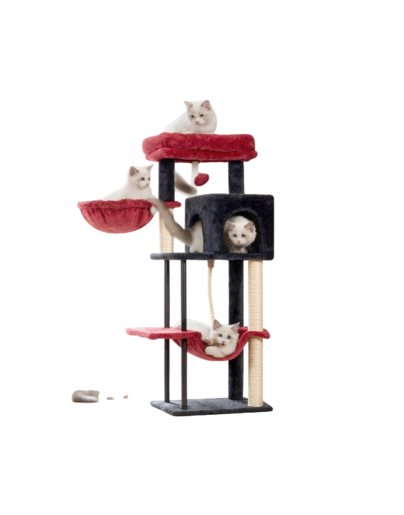Cat Tree, Cat Tower for Indoor Cats, 43.3 inch Gothic Cat Tree Tower with Sturdy Steel Tube, Hammock, Cat Condo for Small Cats and Kittens, Scratching Post, Black and red